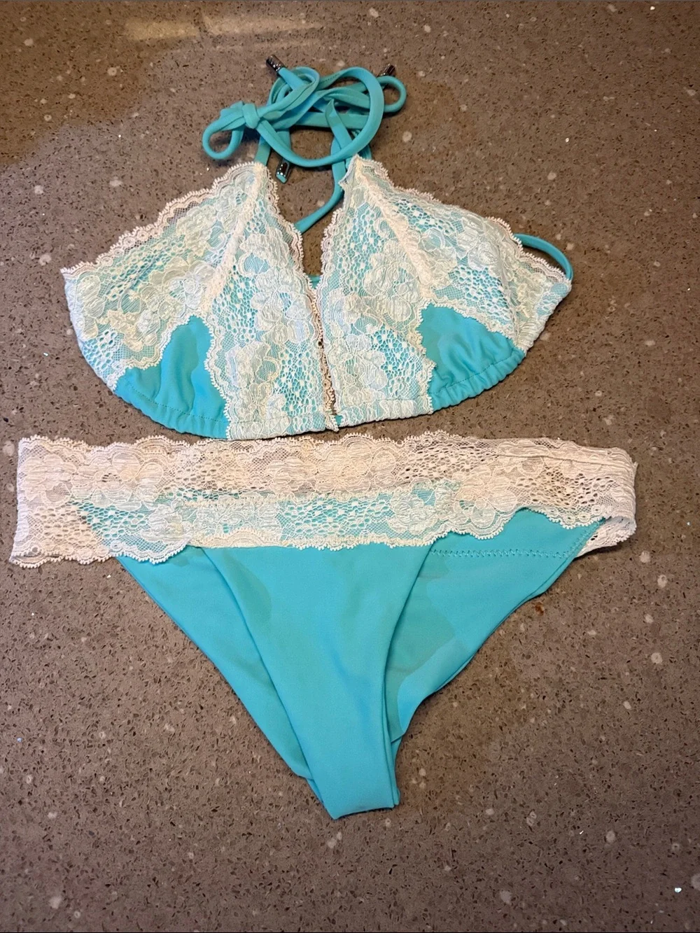 Beach Bunny Aqua and Ivory Lace Triangle Bikini Set